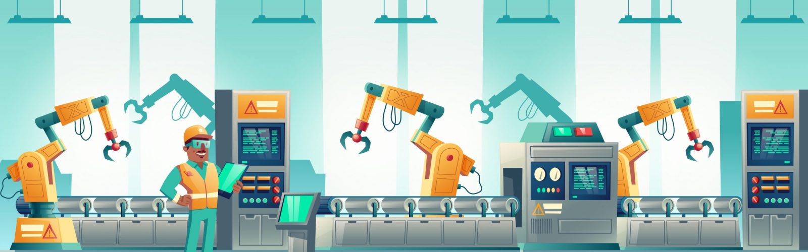 Computer numerical control technologies on modern plant production, loading line cartoon vector concept. Technician or engineer with tablet controlling, programing robotized conveyor illustration